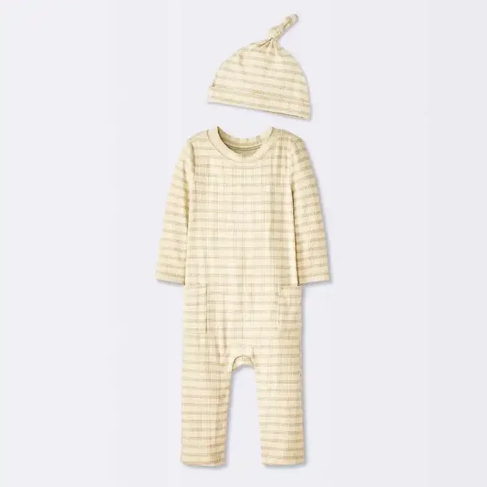 Baby Jacquard Checkered Romper & Hat – Cloud Island™ Tan 12M