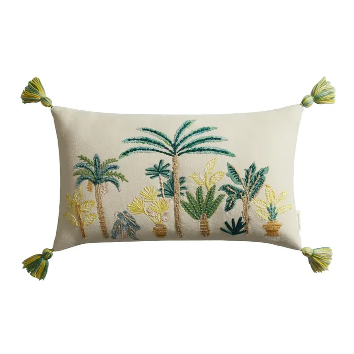 Bali Trees Ivory Embroidered Indoor Outdoor Lumbar Pillow