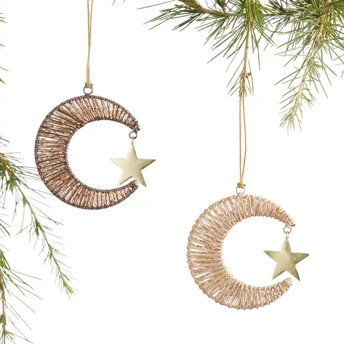 Beaded Metal Crescent Moon Ornaments Set of 2