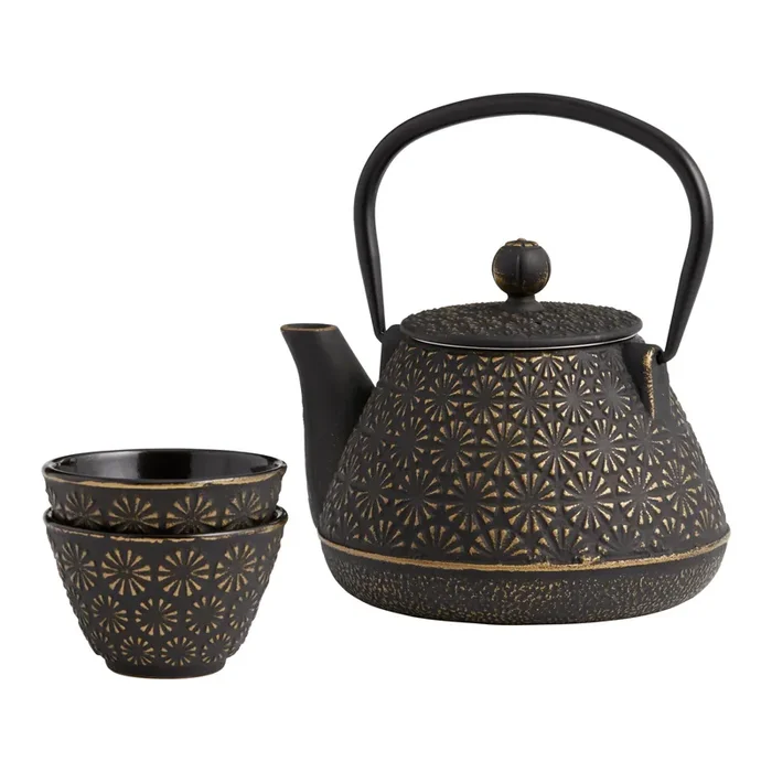 Black and Gold Cast Iron Infuser Teapot and Cups 3 Piece Set