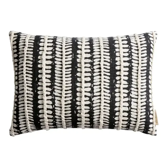 Black And Ivory Leaf Stripe Lumbar Pillow