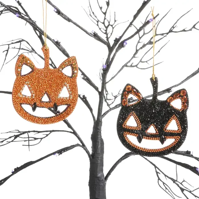 Black And Orange Beaded Cat Ornaments Set of 2