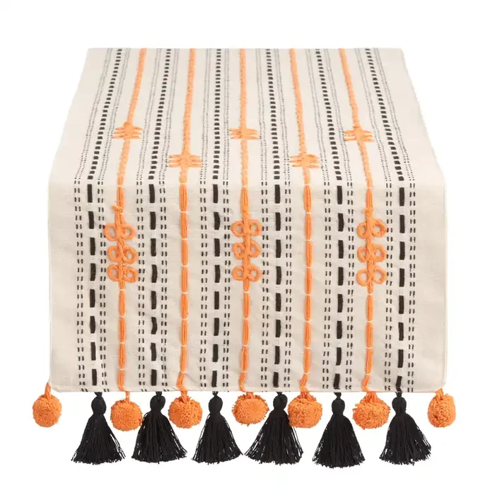 Black and Orange Stripe Table Runner with Tassels
