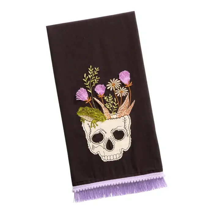 Black and Purple Botanical Skull Embroidered Kitchen Towel