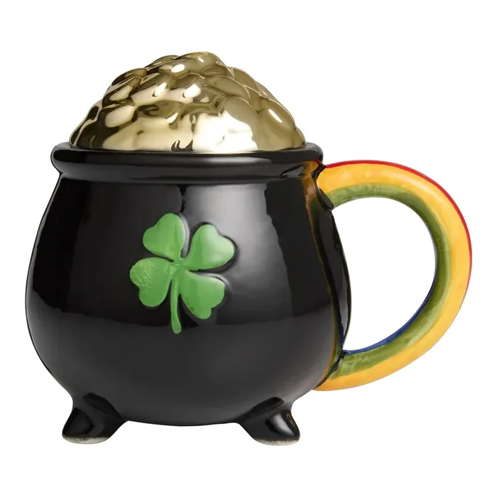 Black and Rainbow Pot of Gold Lidded Figural Mug