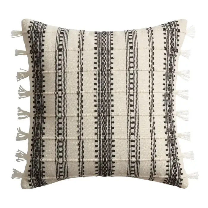 Black and White Striped Tasseled Indoor Outdoor Throw Pillow