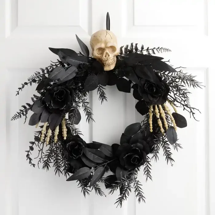 Black Faux Floral and Skeleton Wreath