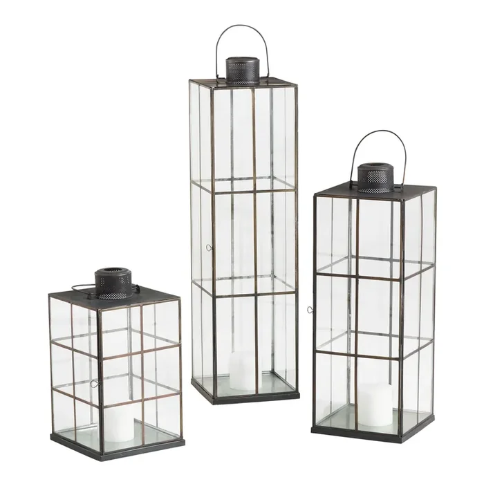 Black Iron Windowpane Cargo Candle Lantern