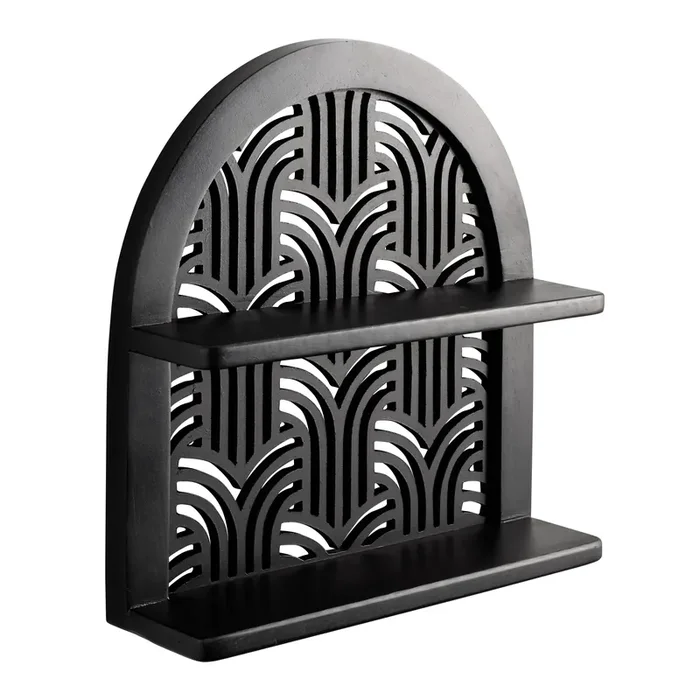 Black Mango Wood Geo Cutout Double Wall Shelf
