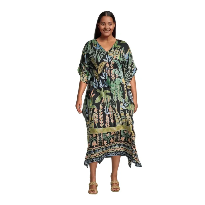 Black Multicolor Tropical Palm Tree Kaftan Dress