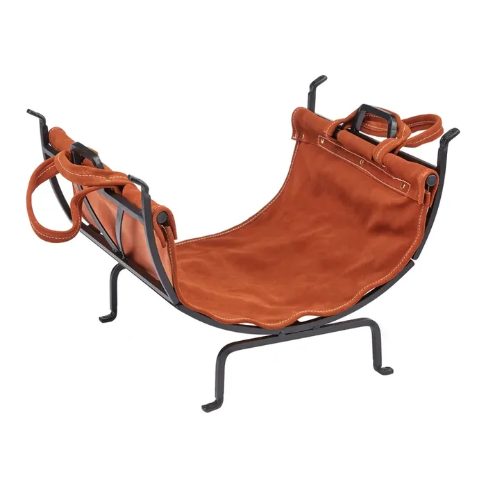 Black Steel Firewood Log Holder with Suede Leather Carrier