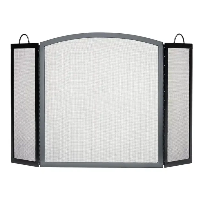 Black Steel Mesh Arched 3 Panel Folding Fireplace Screen