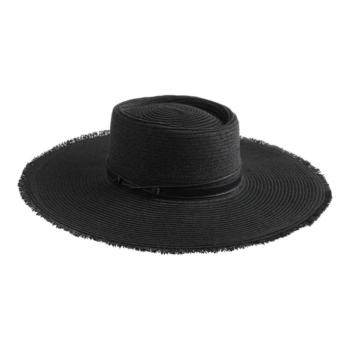 Black Straw Frayed Edge Flat Top Hat