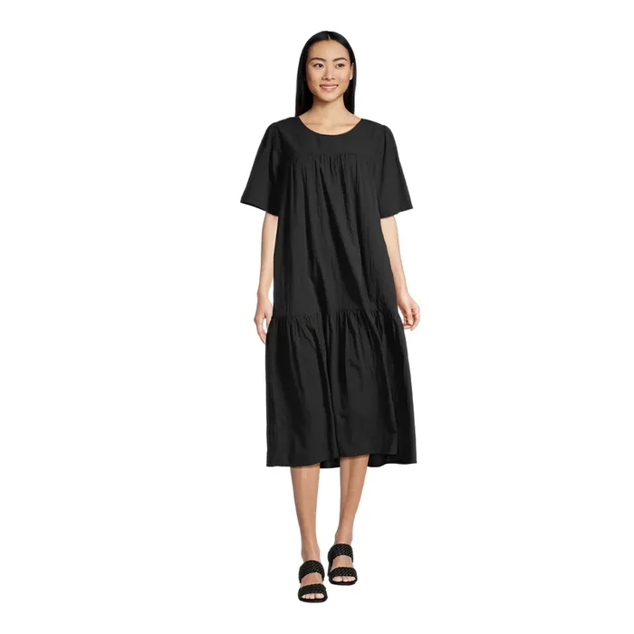 Black Tiered Cotton Midi Dress with Pockets