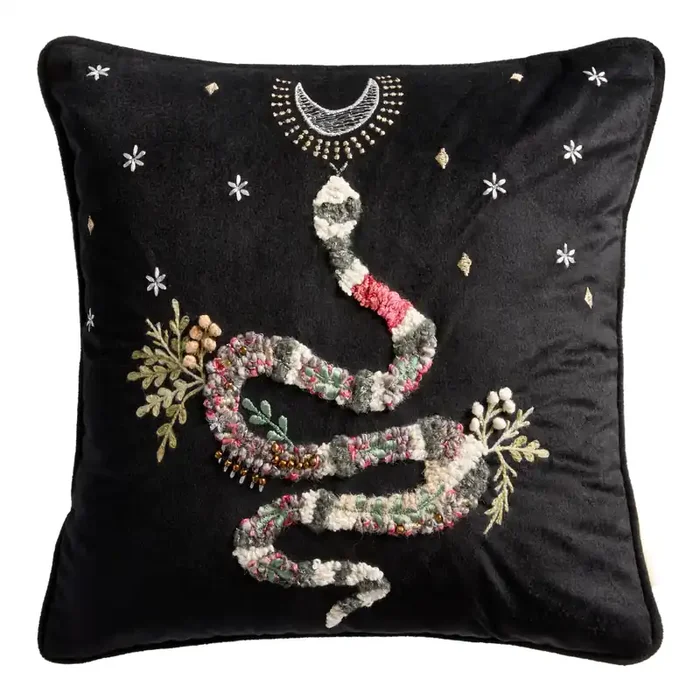 Black Velvet Embroidered Snake Throw Pillow