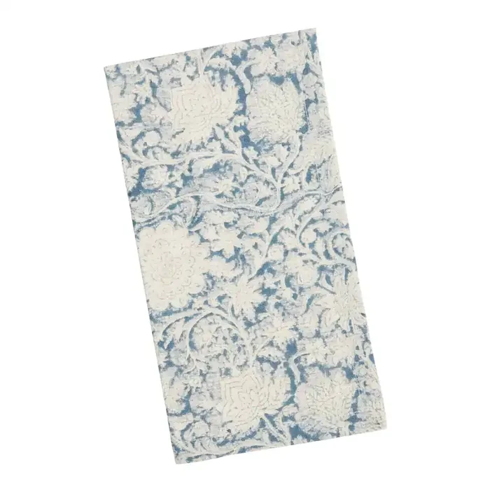 Blue and Ivory Block Print Floral Napkin