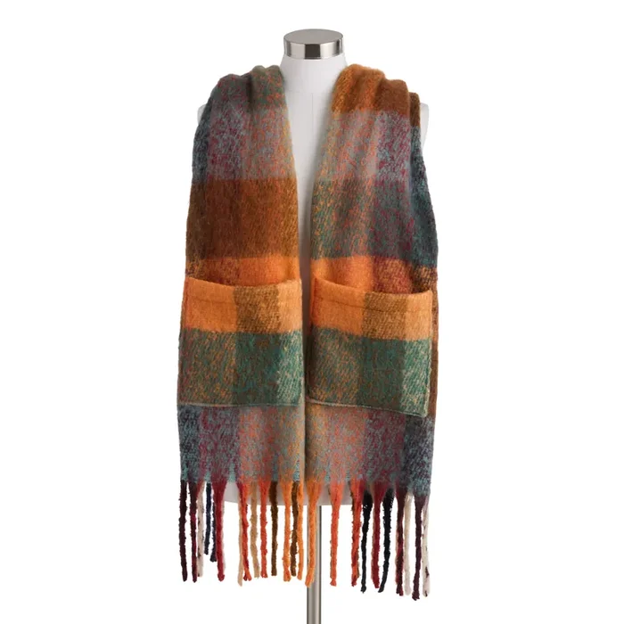 Blue and Orange Plaid Blanket Scarf with Pockets
