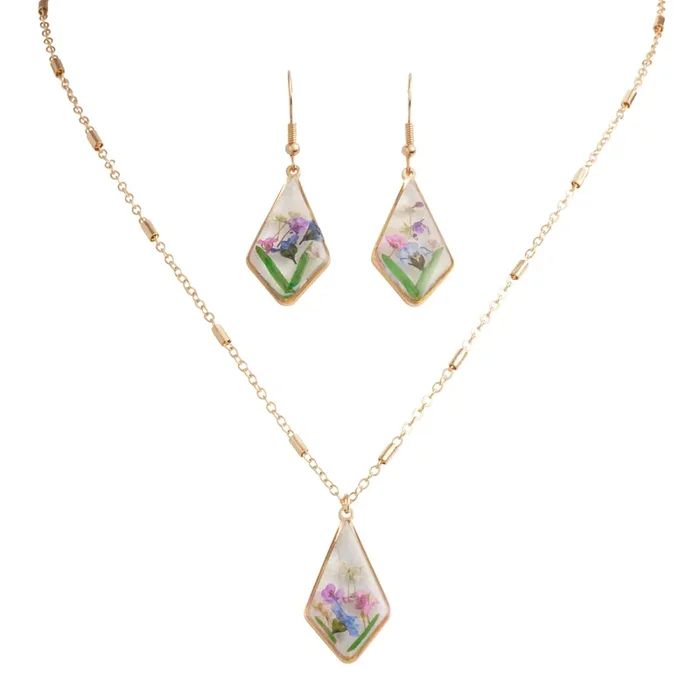 Blue And Pink Dried Flower Necklace And Earring Set