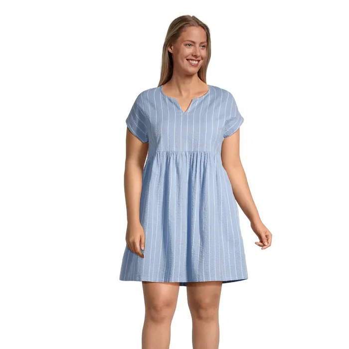 Blue and White Stripe Cotton Seersucker Tunic Dress