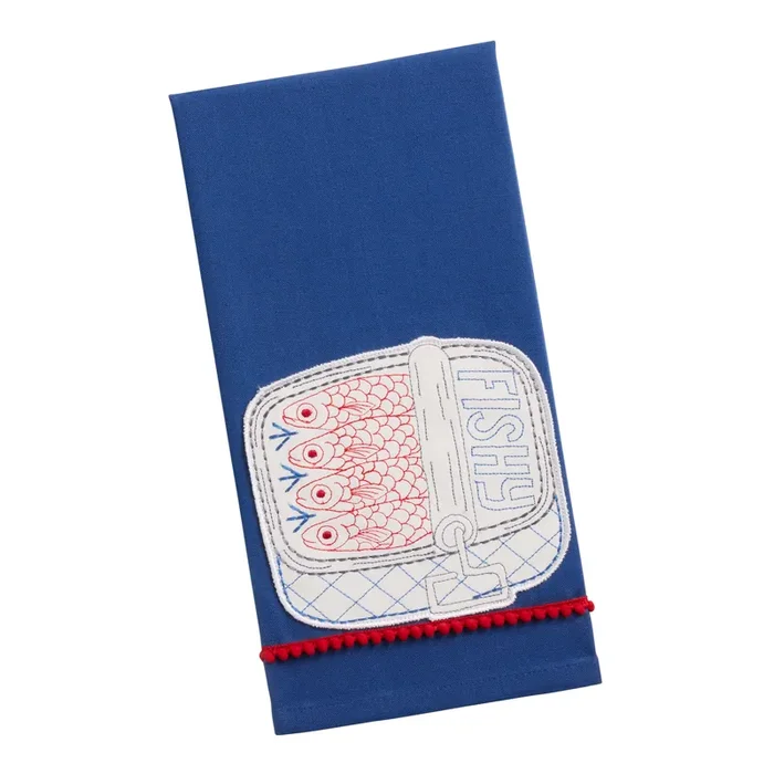 Blue and White Tinned Fish Embroidered Kitchen Towel