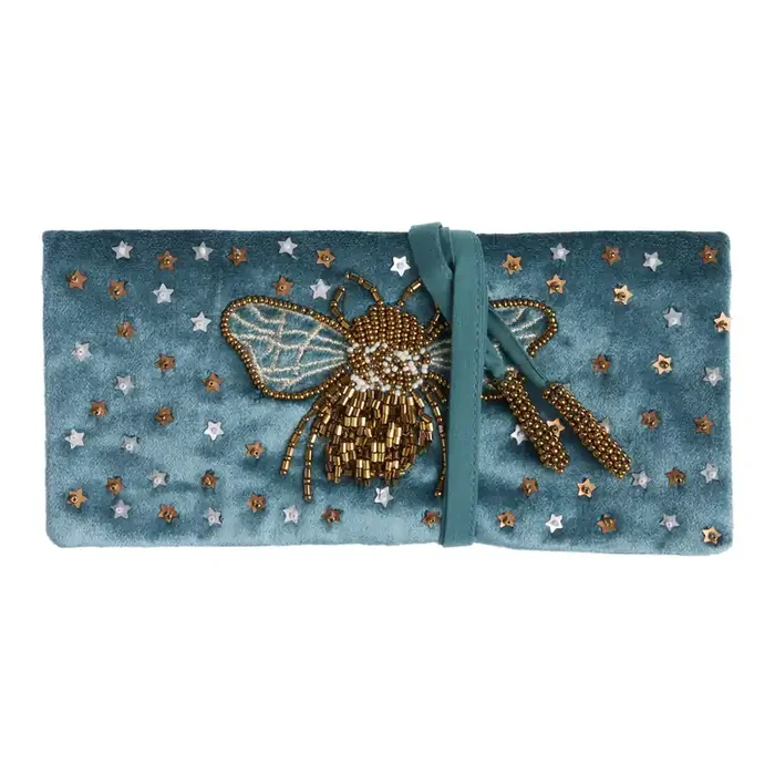 Blue Velvet Bee And Star Beaded Jewelry Roll