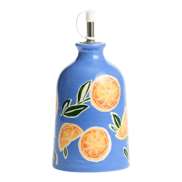 Blue Wax Resist Ceramic Orange Slice Oil Bottle with Spout