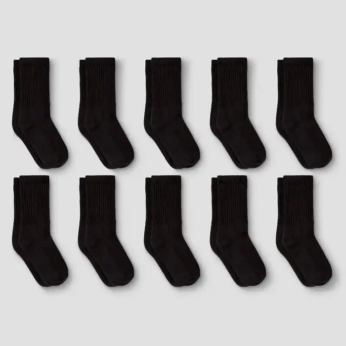Boys‘ 10pk Crew Socks – Cat & Jack™ Black L Knit, Flat Seams