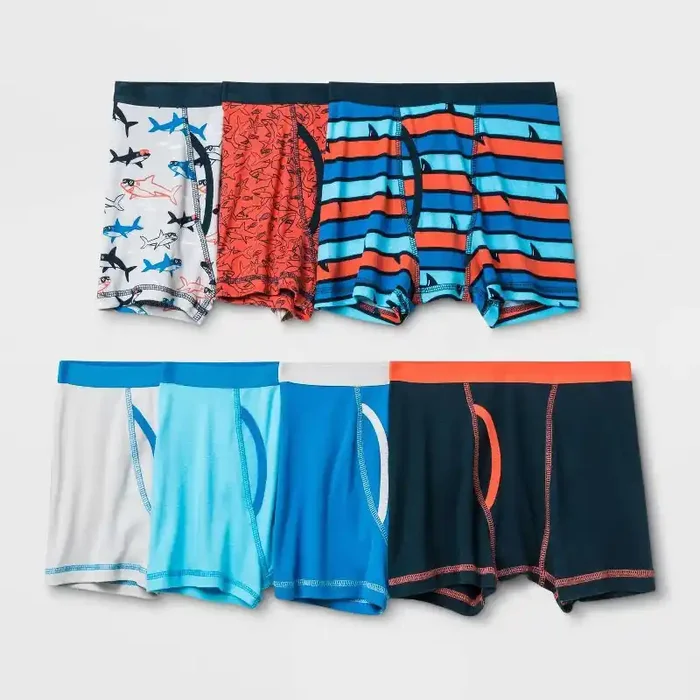 Boys‘ 7pk Boxer Briefs – Cat & Jack™ M Sharks Pattern, Mid Rise, Tagless, Pull-On Waist, Knit Fabric