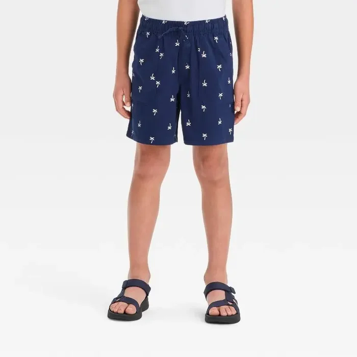Boys‘ ‘Above the Knee‘ Printed Pull-On Shorts – Cat & Jack™ Navy Blue L Cotton Twill, Botanical Pattern, Mid Rise