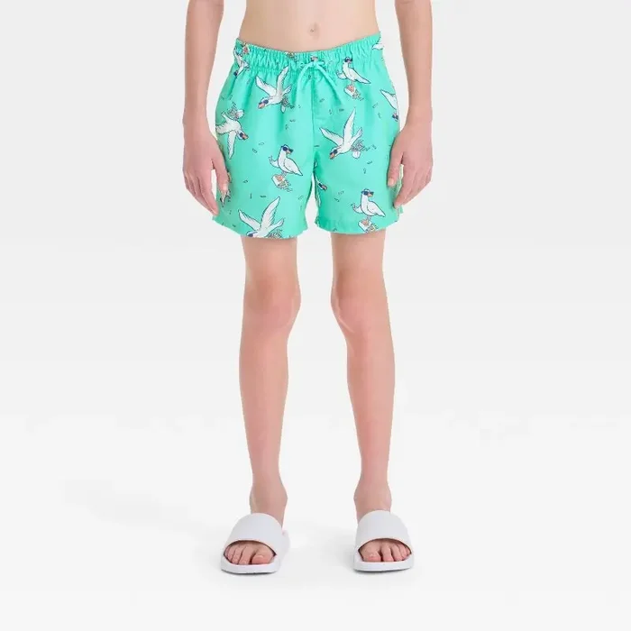 Boys‘ Bird Printed Swim Shorts – Cat & Jack™ Aqua Green M UPF 50+, Elastic Waist, Built-in Brief