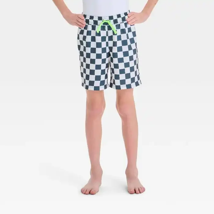 Boys‘ Checkered Swim Shorts – Cat & Jack™ Black M Recycled Polyester, UPF 50+, Elastic Waist, Built-in Brief, 5.75″ Inseam