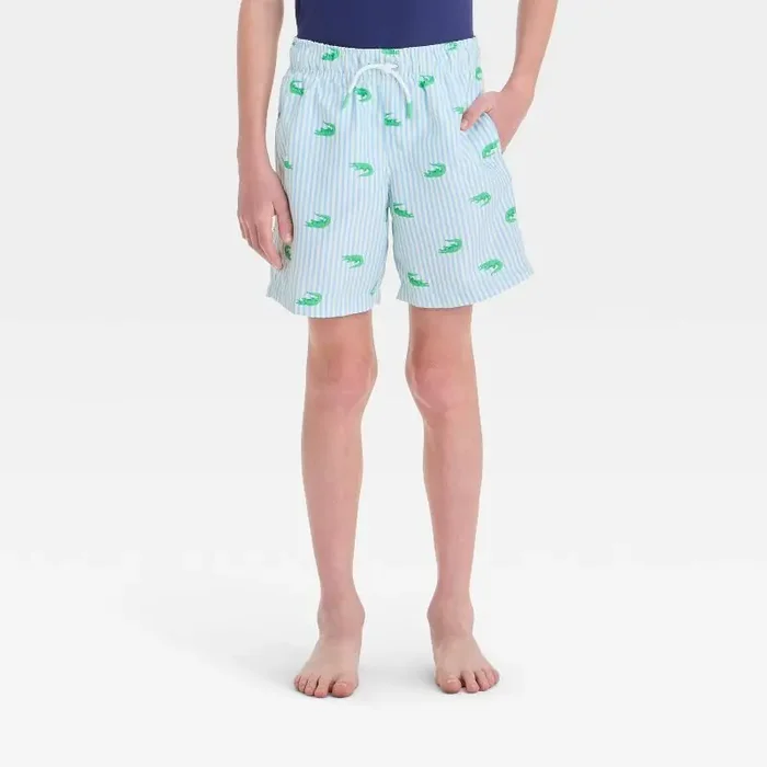 Boys‘ Crocodile Printed Swim Shorts – Cat & Jack™ Green M UPF 50+ Twill Swim Trunks, Flexible Drawstring