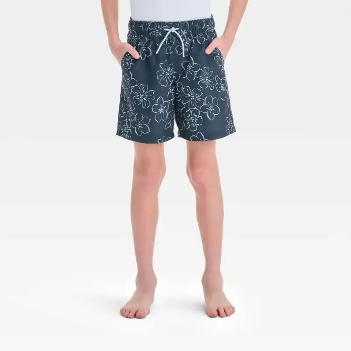 Boys‘ Floral Printed Swim Shorts – Cat & Jack™ Gray L Recycled Polyester, UPF 50+, Mid Rise, Flexible Drawstring