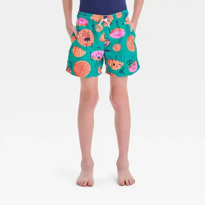 Boys‘ Food Printed Swim Shorts – Cat & Jack™ Teal Blue XL Recycled Polyester, UPF 50+, Elastic Waist, Built-in Brief