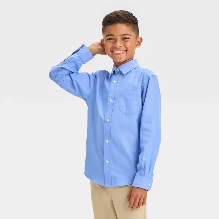 Boys‘ Long Sleeve Woven Button-Down Shirt – Cat & Jack™ Light Blue XL Cotton-Polyester Blend, Herringbone Pattern, Classic Fit