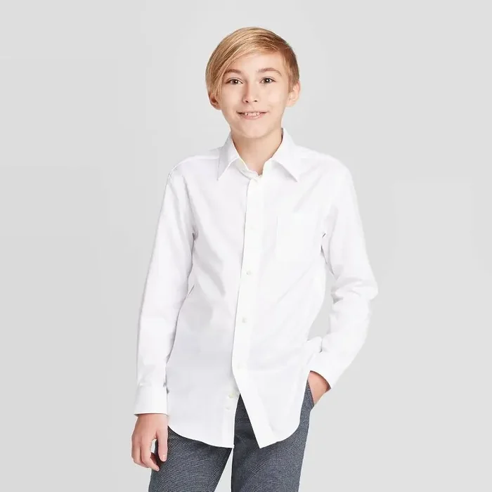 Boys‘ Long Sleeve Woven Button-Down Shirt – Cat & Jack™ White M Classic Herringbone Pattern, Cotton-Polyester Blend