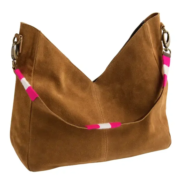 Camel Suede Crossbody Hobo Bag with Interchangeable Strap