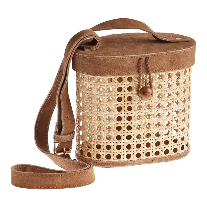 Cane Rattan And Suede Crossbody Bucket Bag