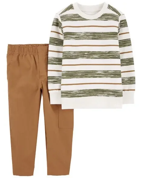 Carters Toddler 2-Piece Striped French Terry Tee & Pull-On Canvas Pant Set Green/White/Khaki 2T