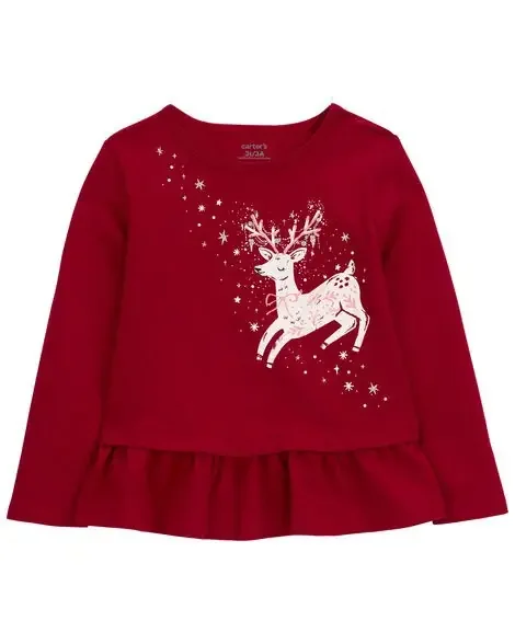 Carters Toddler Reindeer Peplum Top Red 4T