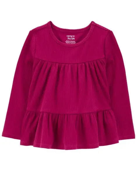 Carters Toddler Tiered Long-Sleeve Ribbed Top Berry 2T