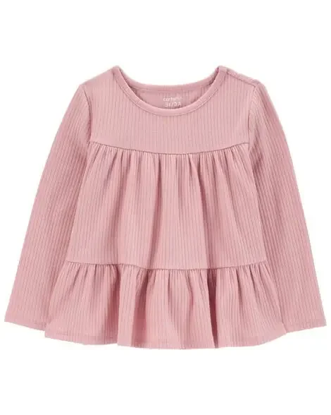 Carters Toddler Tiered Long-Sleeve Ribbed Top Pink 3T