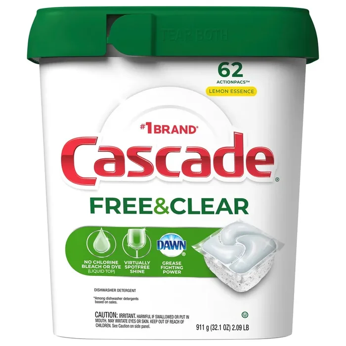 Cascade Free & Clear ActionPacs, Dishwasher Detergent, Lemon Essence, 62 Count