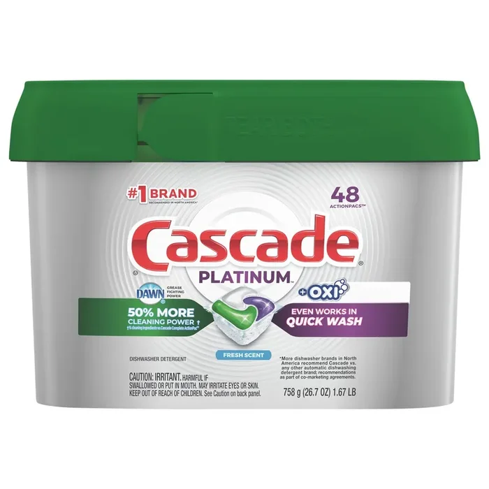 Cascade Fresh Scent Platinum ActionPacs Dishwasher Detergent + Oxi Fresh Cleaner Pods – 26.7oz/48c