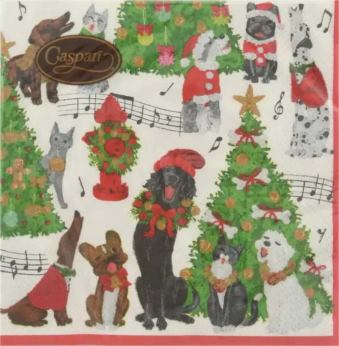 Caspari Triple-Ply Caroling Pets Napkins 20 ea