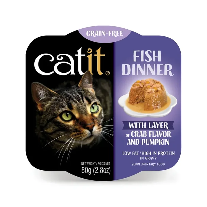 Catit Fish Dinner Adult Cat Food with Crab Flavor and Pumpkin in Gravy, Low Fat