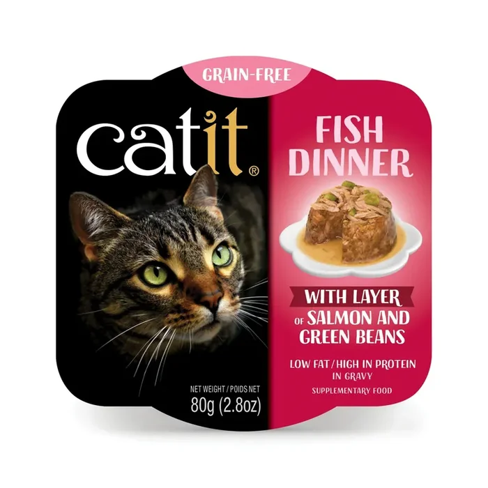 Catit Fish Dinner Adult Cat Food with Salmon and Green Beans in Gravy, Low Fat