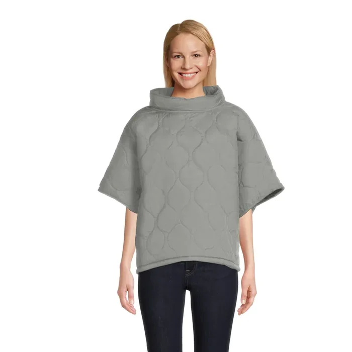 Cecil Gray Quilted Fleece Cowl Neck Poncho