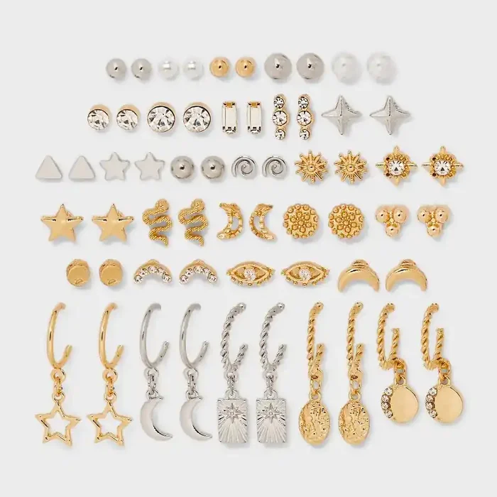 Celestial Star Moon Hoop and Stud Earring Set 30pc – Wild Fable™ Gold/Silver Nickel-Free Metal, Zinc Alloy, Post Closure