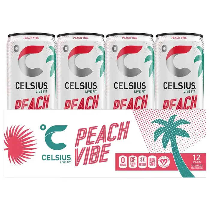 Celsius Fitness Drink, Peach Vibe, Sparkling, 12Pk